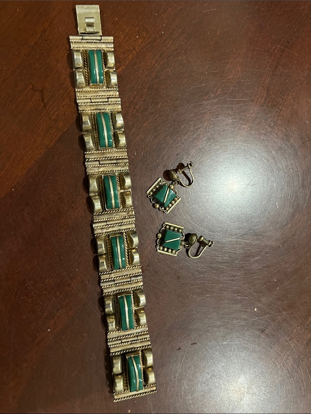 Alpaca silver and green onyx bracelet and matching earrings. Vintage